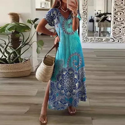 Elodie - Kolorowa sukienka maxi z dekoltem w szpic