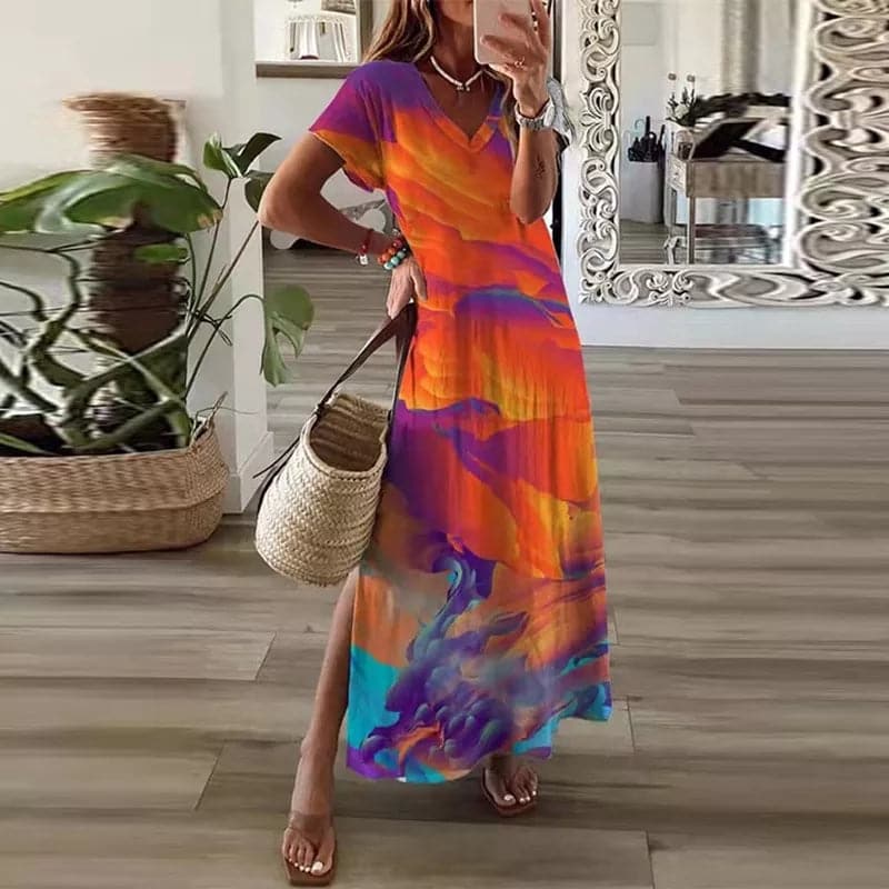 Elodie - Kolorowa sukienka maxi z dekoltem w szpic