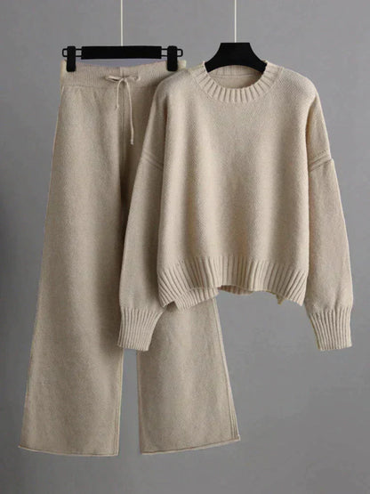 Emma - Stylowy sweter zimowy z dzianiny i spodnie z szerokimi nogawkami dla kobiet