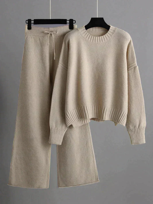 Emma - Stylowy sweter zimowy z dzianiny i spodnie z szerokimi nogawkami dla kobiet