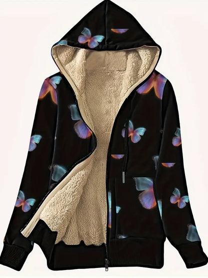 Zapinana na zamek bluza z kapturem Shanna | Wings z nadrukiem motyla i podszewką ze sztucznego futra