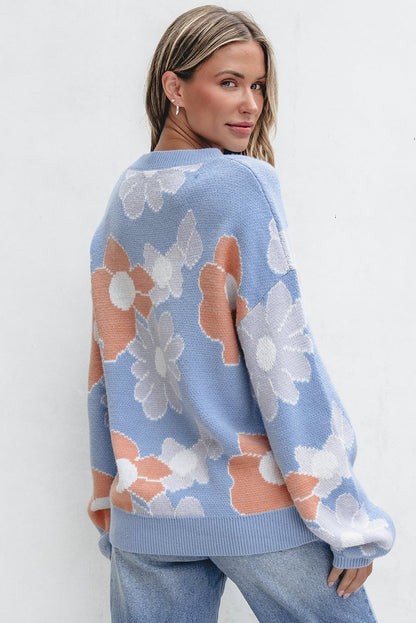 Blanche - Niebieski sweter z dzianiny w kwiaty z okrągłym dekoltem i zwisającymi ramionami