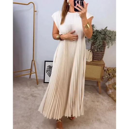 Plisowana długa sukienka z krótkim rękawem i eleganckim stylem
