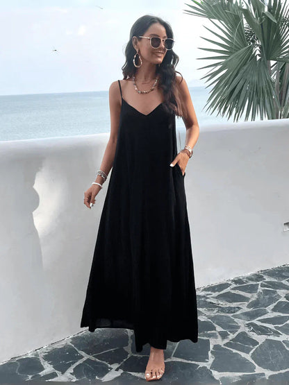 V-neck Loose Waist Sukienka bez rękawów gładka