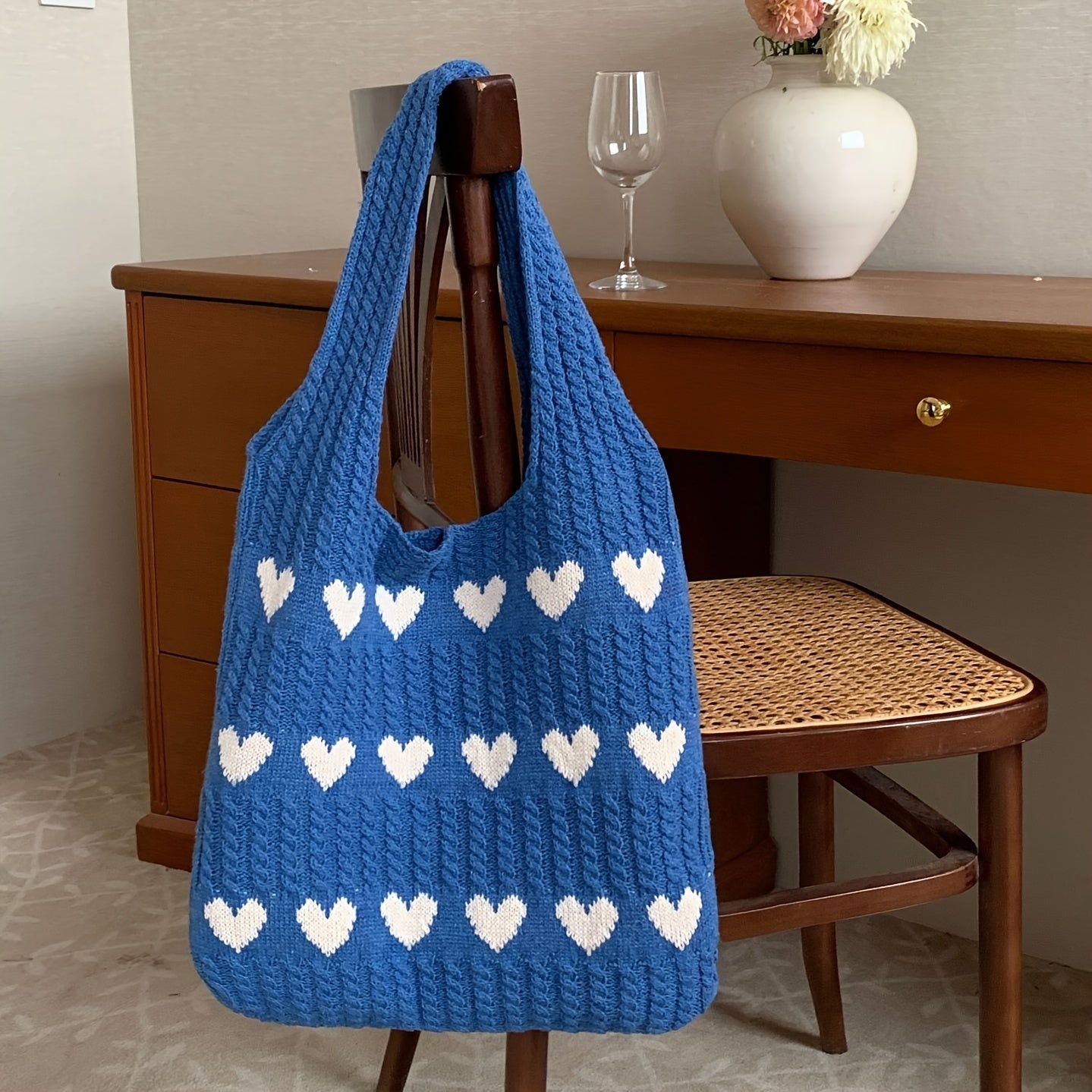 Nina | Ręcznie robiona dzianinowa torba shopper z motywem serca