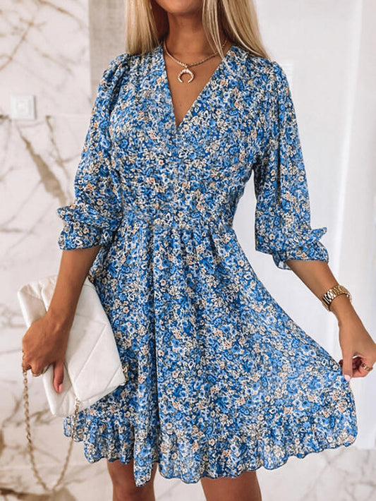 Sukienka boho z nadrukiem, krótkim rękawem i kwiatowym wzorem
