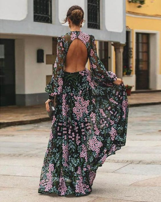 Belinda - Kwiecista sukienka maxi bez pleców w stylu vintage