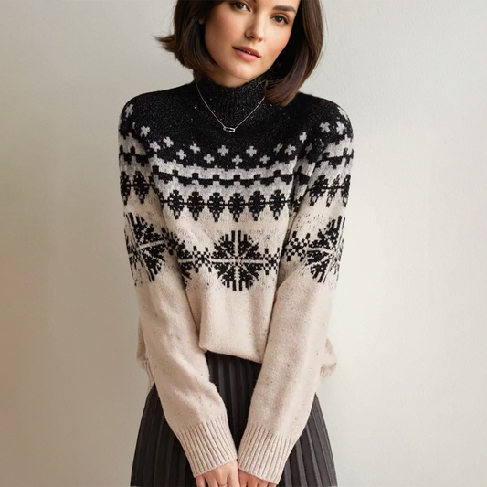 Amanda - Damski stylowy żakardowy sweter z golfem z czarnymi przeszyciami