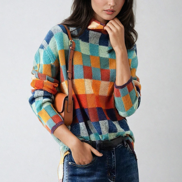Vanessa - Stylowy jesienny patchworkowy sweter z golfem dla kobiet