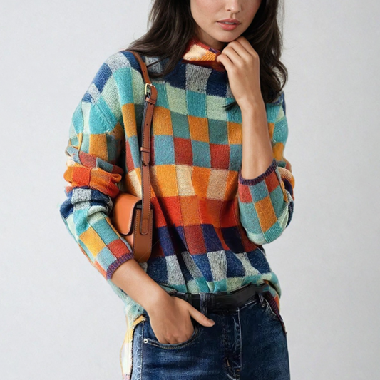Vanessa - Stylowy jesienny patchworkowy sweter z golfem dla kobiet