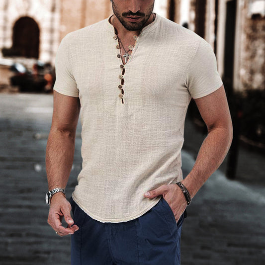 Męska koszulka lniana z gładkiej bawełny z kołnierzykiem typu henley, swobodny krój slim-fit ze stretchem