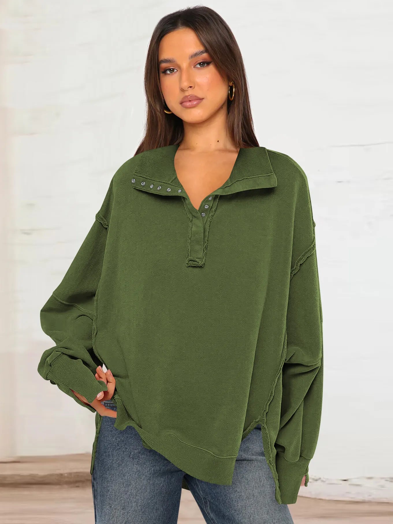 Bluza Shanna Décontracté À Col À Revers Avec Boutons Et Manches Lanternes