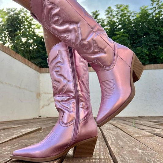 Buty Irmina | Różowe metaliczne buty kowbojskie średniej wysokości