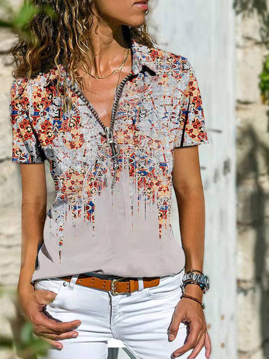 Bohemian West Ethnic Zip Top koszulka z krótkim rękawem