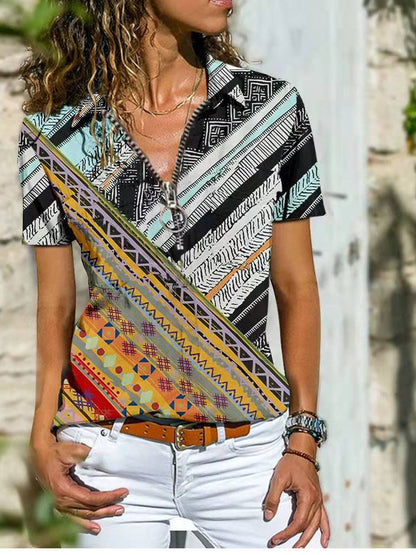 Bohemian West Ethnic Zip Top koszulka z krótkim rękawem