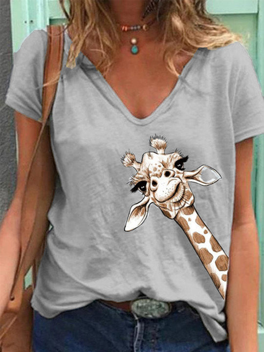 T-shirt z krótkim rękawem i dekoltem w serek z nadrukiem zwierząt
