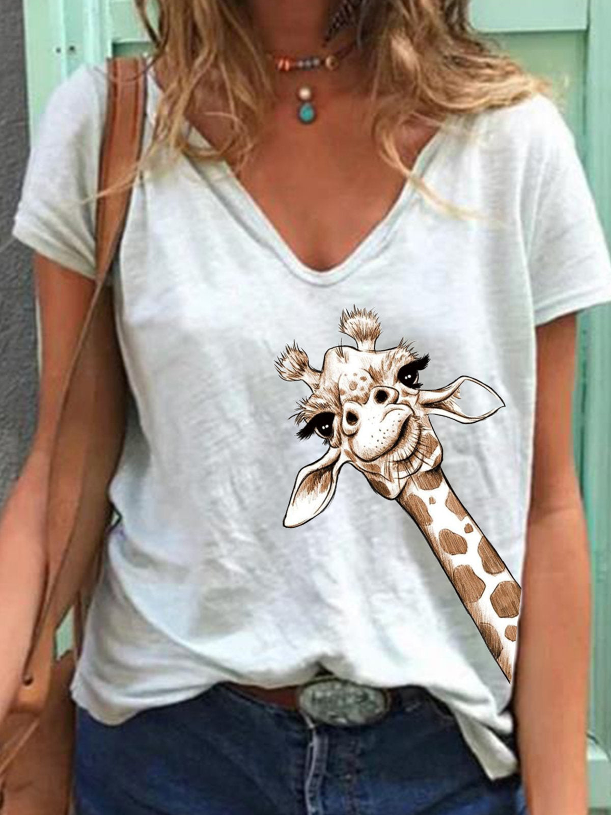 T-shirt z krótkim rękawem i dekoltem w serek z nadrukiem zwierząt