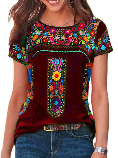 T-shirt z krótkim rękawem i okrągłym dekoltem z nadrukiem w stylu boho