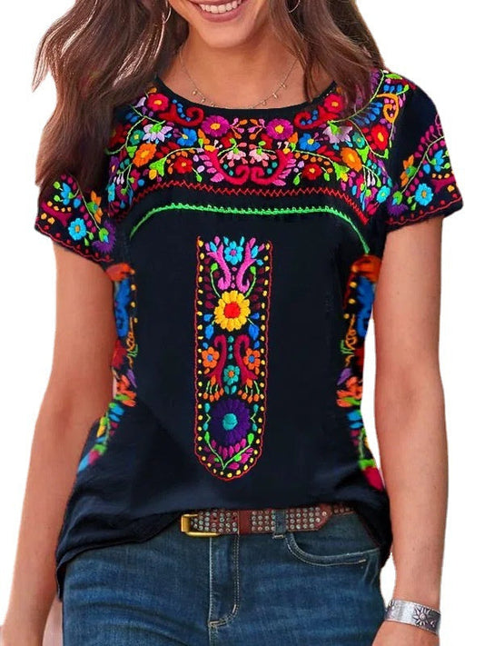 T-shirt z krótkim rękawem i okrągłym dekoltem z nadrukiem w stylu boho