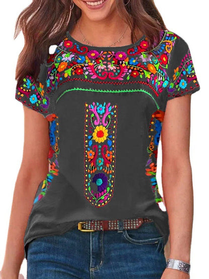 T-shirt z krótkim rękawem i okrągłym dekoltem z nadrukiem w stylu boho
