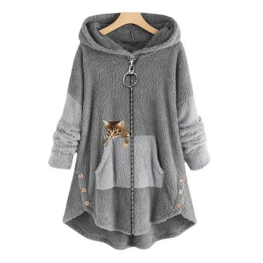 Bluza z kapturem Noreen | Miękka pluszowa bluza z kapturem z wzorem kota i zamkiem błyskawicznym