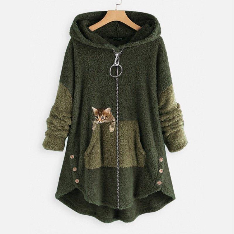 Bluza z kapturem Noreen | Miękka pluszowa bluza z kapturem z wzorem kota i zamkiem błyskawicznym
