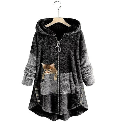 Bluza z kapturem Noreen | Miękka pluszowa bluza z kapturem z wzorem kota i zamkiem błyskawicznym