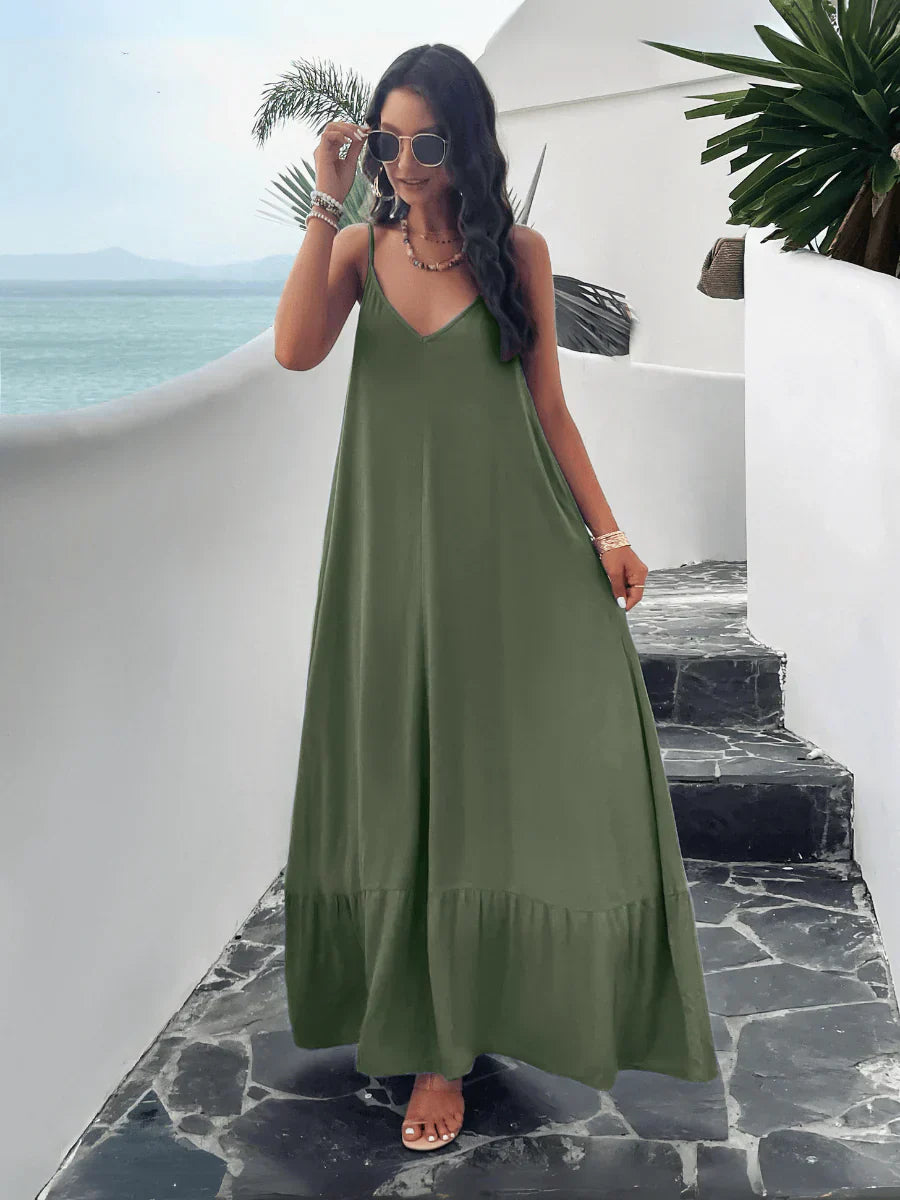 V-neck Loose Waist Sukienka bez rękawów gładka