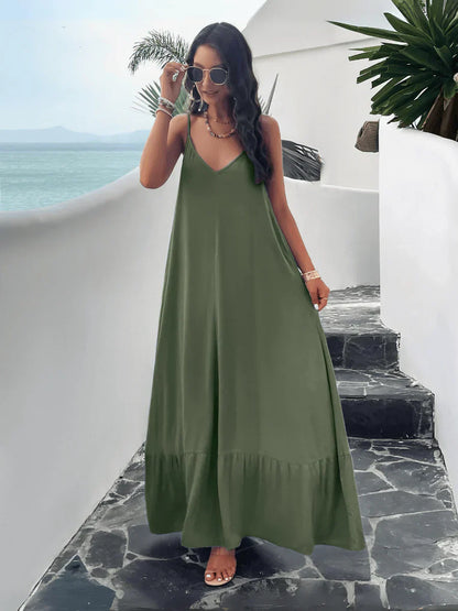 V-neck Loose Waist Sukienka bez rękawów gładka