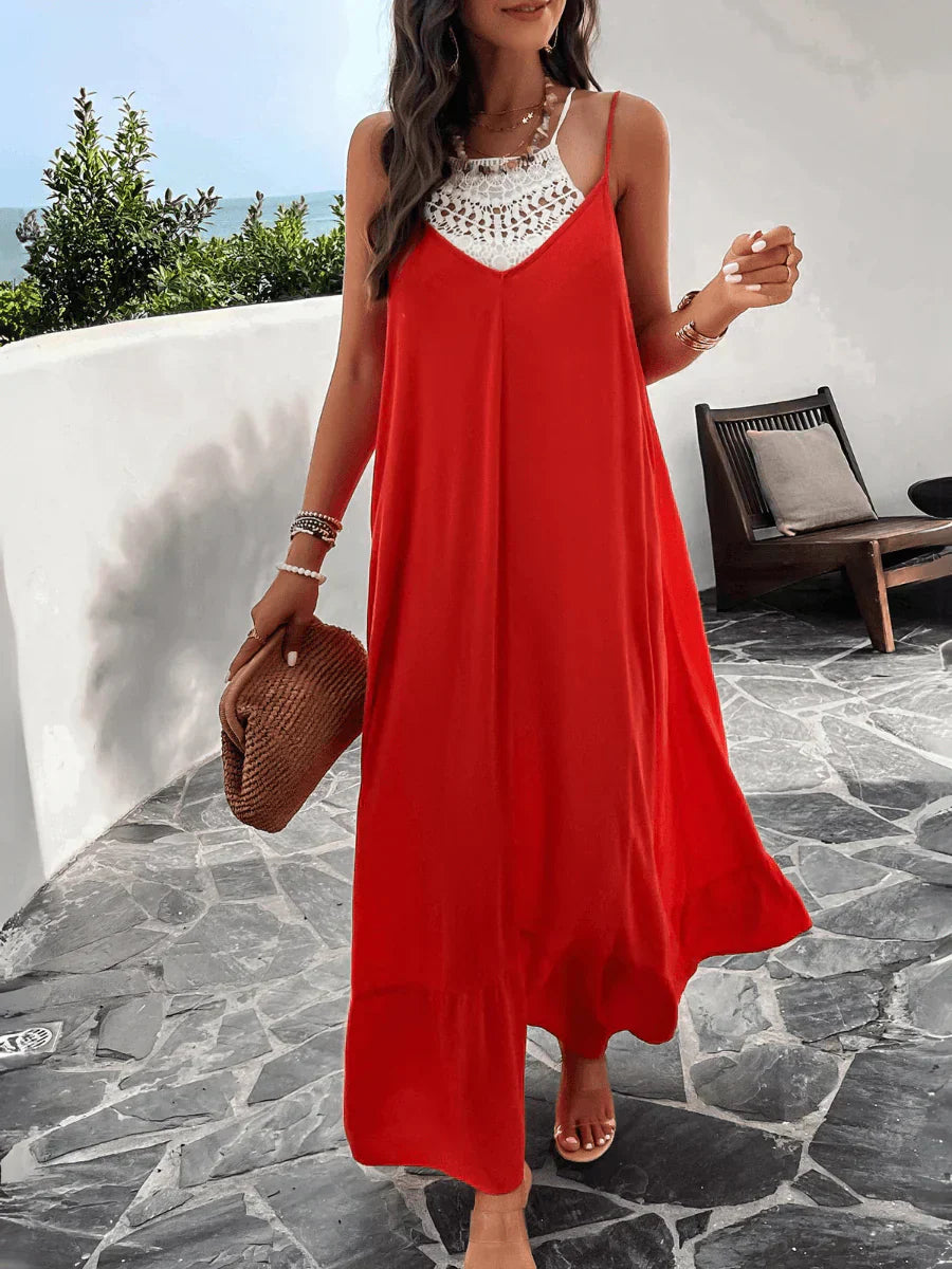 V-neck Loose Waist Sukienka bez rękawów gładka