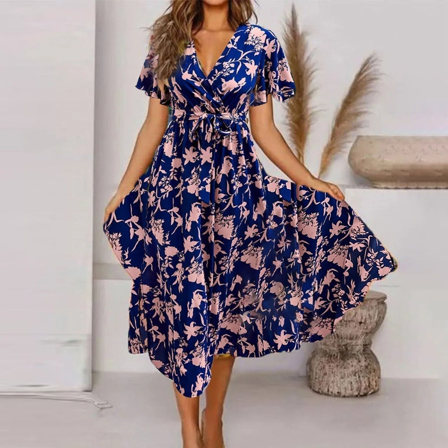 Muriel - Maxi sukienka damska z nadrukiem vintage