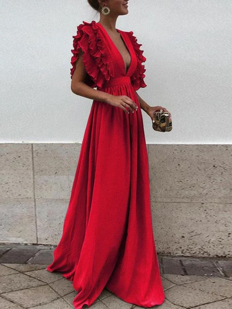 Helena - Elegancka sukienka z dekoltem w szpic i falbaniastymi rękawami